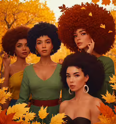 four young women wearing different dress and earrings pose for the camera,four women in leaves are shown wearing different styles of hair