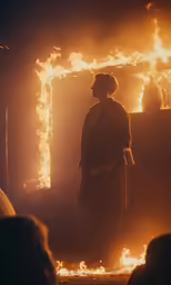 a man is standing by a fire pit