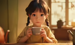 a young child holding a cup at a table