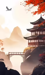 a scenic image of some japanese architecture in autumn