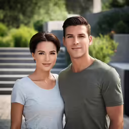 two people standing together near a set of stairs