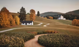 a long pathway is going between two houses on a hill