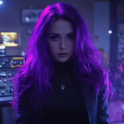 there is a woman with purple hair posing for the camera
