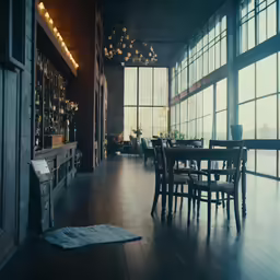 a large dining room with glass windows, a bench and dining table