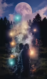 two people stand in the woods while looking at the moon