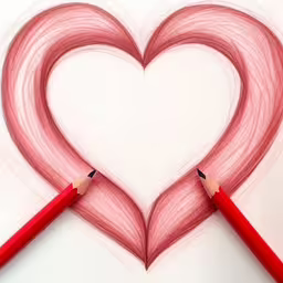 two pencils sticking out of the shape of a heart,heart drawn in the shape of two pencils,a red pencil with the shape of a heart cut out of it,a pencil drawing a heart with two pieces of red,a red pencil drawing a heart with two red pencils