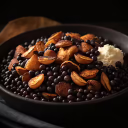 this is a bowl of food with nuts and blue berries