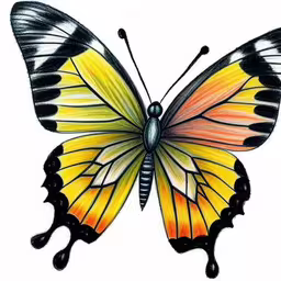 the colorful butterfly is flying in the air,a colorful butterfly with stripes on the wings,the butterfly is very colorful and is a drawing on paper,the yellow butterfly is flying sideways,an orange and black butterfly with white stripes