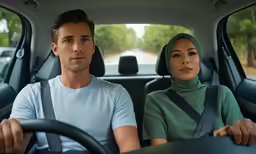 two people sitting in the front seat of a car