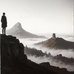 a man is standing on a mountain looking into the distance