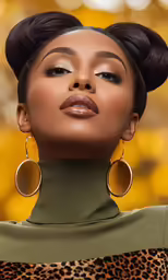 an african american model wearing gold hoop earrings