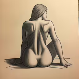 a naked woman sitting on the ground in front of a wall,a woman is drawing her nude butt on the floor