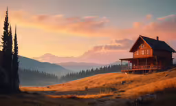 there is a house on top of a hill,a cabin on a hillside overlooking the mountains during sunset