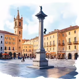the city with many buildings and square has a statue in it