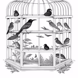 a bird cage that has many birds in it,black birds in a cage in a tropical setting,a drawing of several birds perched in a cage,birds are sitting inside of a bird cage,the birds are in the cage and the leaves