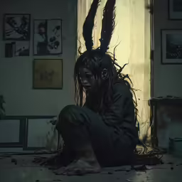 a man with hair flowing through his face and long dark dread locks sits on the floor in an otherwise cramped room