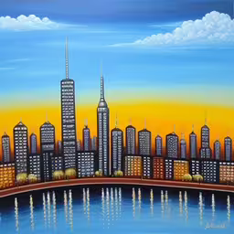 a painting of a city with yellow and blue water,painting of city by water with a lot of clouds,an oil painting of a city at sunset,an oil painting of a city by the lake,city buildings, one large yellow sky is seen above the blue water