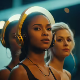 two women with headphones are in front of them