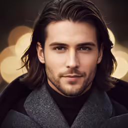 a man in a black jacket looking ahead with light boke behind him