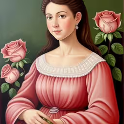 a portrait of a woman in pink on a green background with roses,a painting of a woman holding a bottle with flowers around it