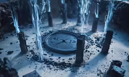 a clock surrounded by small trees and rocks