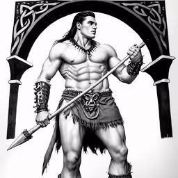 an ink drawing of a warrior in full armor