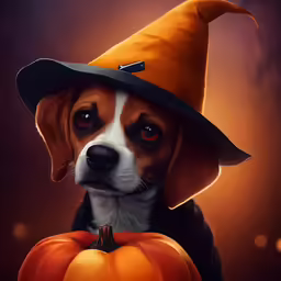 a dog with a black hat on its head wearing an orange pumpkin