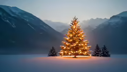 a small, snowy tree sits in front of mountains