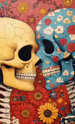a painting of two colorful skulls surrounded by flowers
