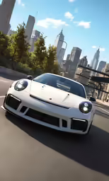a white car driving down a road next to tall buildings