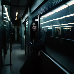 a woman is leaning against a wall on a train platform