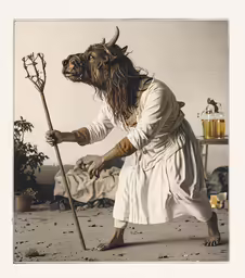 a man wearing a horned mask, standing on a beach