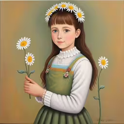 painting of a girl with daisies and brown wall