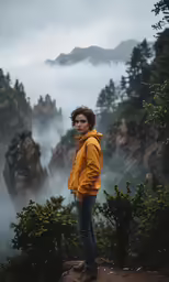 a person in yellow jacket looking over a large foggy forest