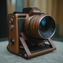 old photo camera sitting on a stand with the lens up