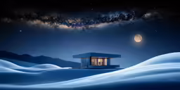 a home on a snowy hill with the moon visible above it