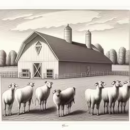 there are sheep that are in the picture,an ink drawing of sheep and barn in field