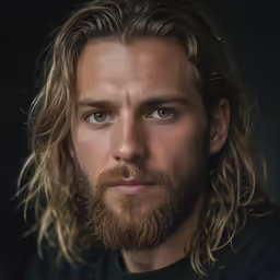 a man with long hair and a beard with frecking