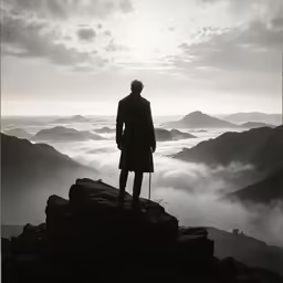 a man standing on top of a hill, wearing a coat