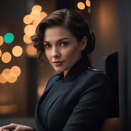 a woman in black suit sitting on a bench