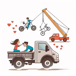 an image of two people riding in a truck and the guy on a bicycle hangs from the roof