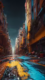 a street is shown with colorful building and umbrellas,a street lined with tall buildings covered in fallen leaves