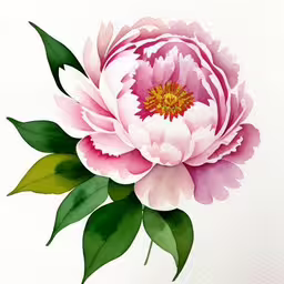 a white and pink flower with leaves is painted on paper,a watercolor drawing of a pink flower with leaves