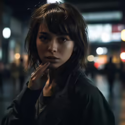 a woman standing on a street holding her hand to her face
