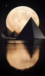 pyramids on the water with a moon above it
