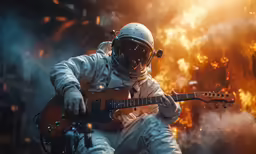 a man in white clothes playing a guitar in front of fire and smoke
