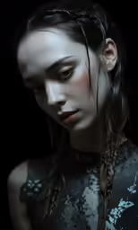 a woman with braids is standing and staring at the camera