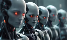 humanoids wearing glowing red eyes look on while standing in the dark