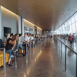 people sitting at tables in a lobby area with yellow luggage bags