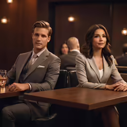 a couple in a suit sitting at a table